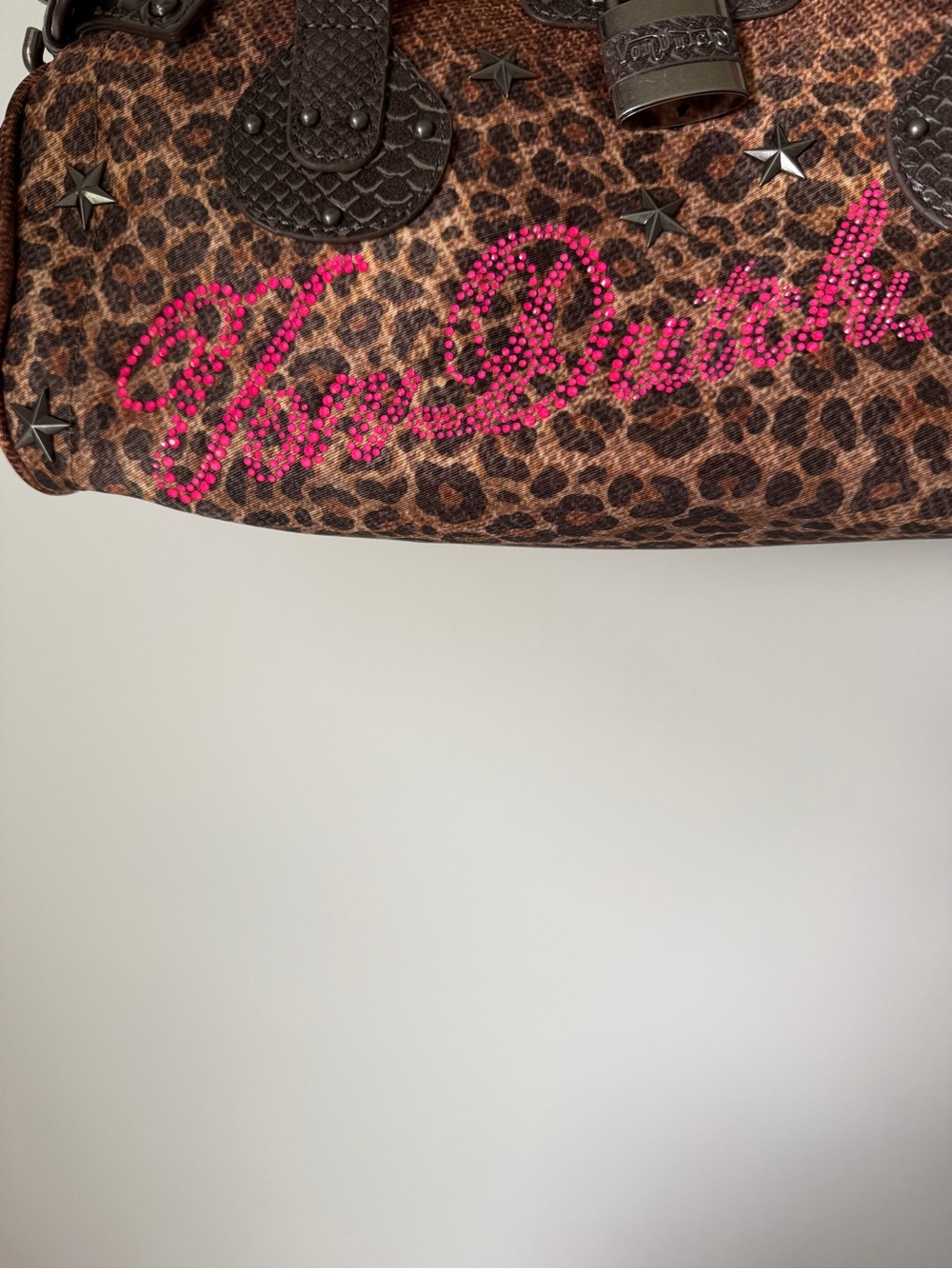Von Dutch Leopard Print Satchel bag with Pink rhinestone logo stud detail - Picture 6 of 9